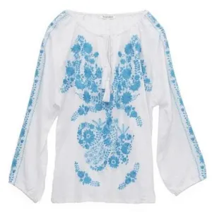 White & Blue Mexican Embroidered Blouse