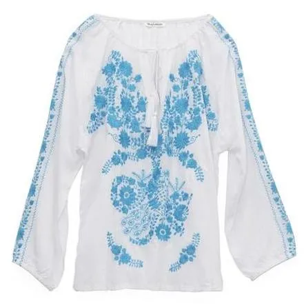 White & Blue Mexican Embroidered Blouse