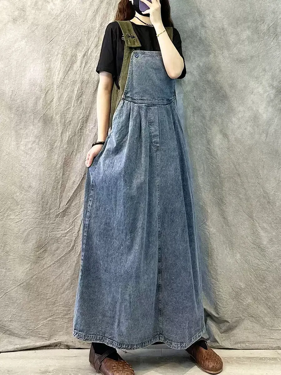 Women Summer Denim Spliced Long Suspenders Dress