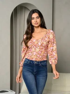 WOMEN'S 3/4 SLEEVE SMOCKED FLORAL TOP