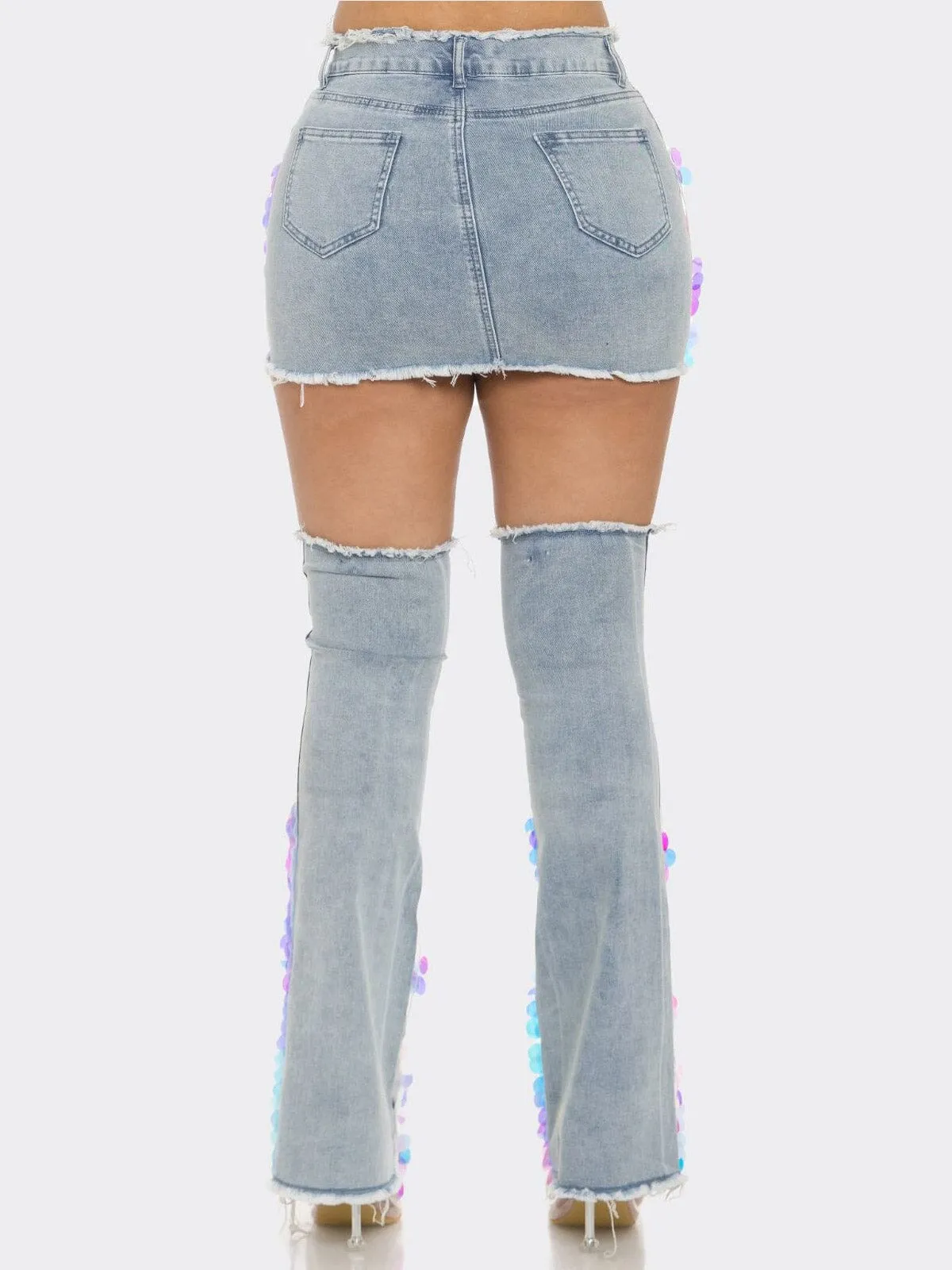 WOMEN'S BUTTON CLOSURE POCKETS SEQUINS MINI SKIRT W/BOTTIES DENIM SET