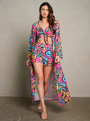 WOMEN'S CROP TOP WITH KIMONO & MINI SHORTS MULTI PRINT 3PC. SET