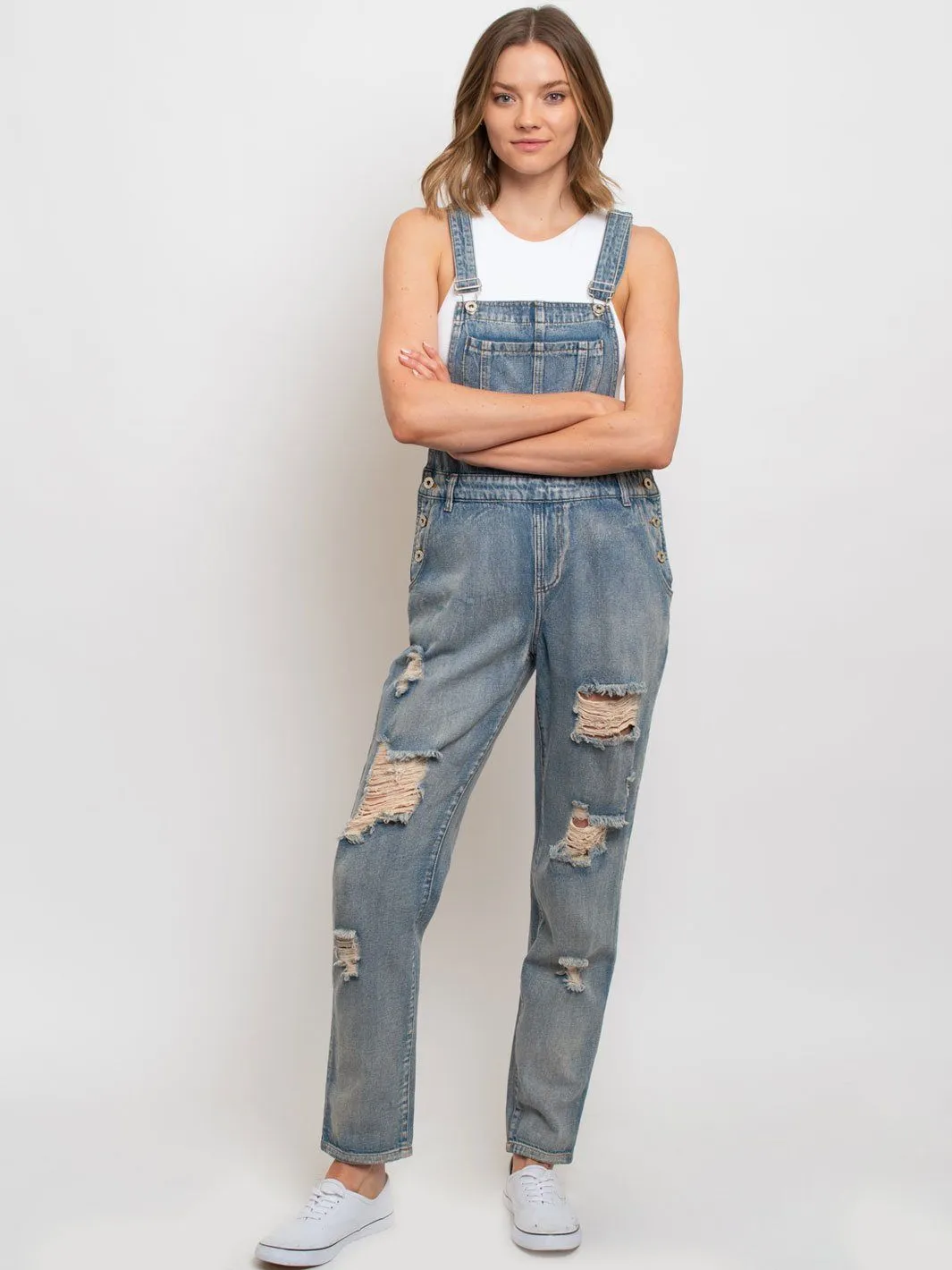 WOMEN'S DISTRESSED DENIM OVERALL JUMPSUIT