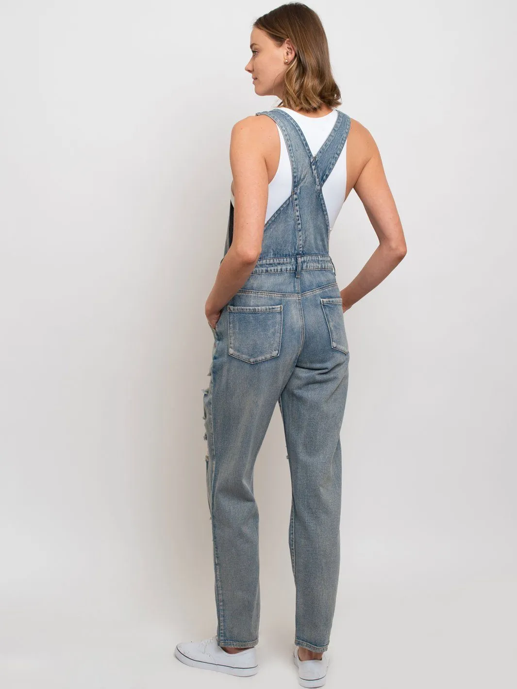 WOMEN'S DISTRESSED DENIM OVERALL JUMPSUIT