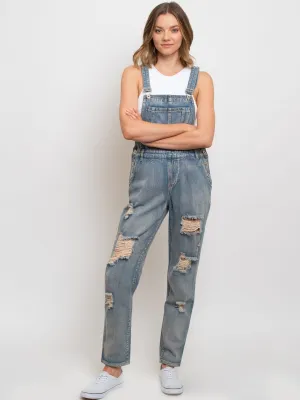 WOMEN'S DISTRESSED DENIM OVERALL JUMPSUIT