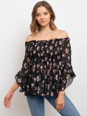 WOMEN'S DITSY ROSE SMOCKED OFF SHOULDER TOP