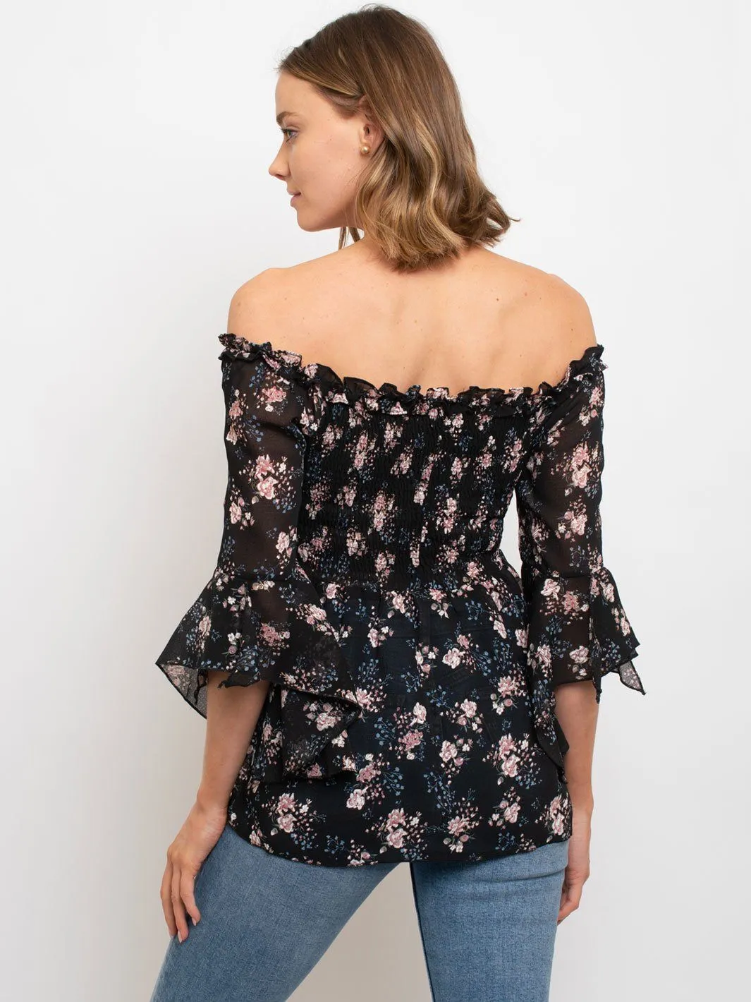 WOMEN'S DITSY ROSE SMOCKED OFF SHOULDER TOP