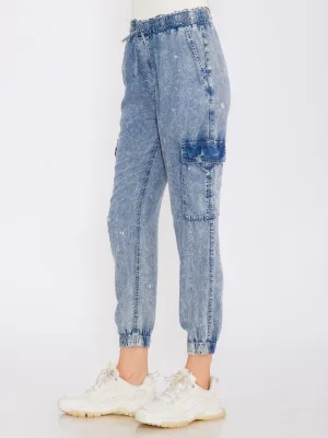 WOMEN'S ELASTIC WAIST CARGO POCKETS JOGGER CHAMBRAY PANTS