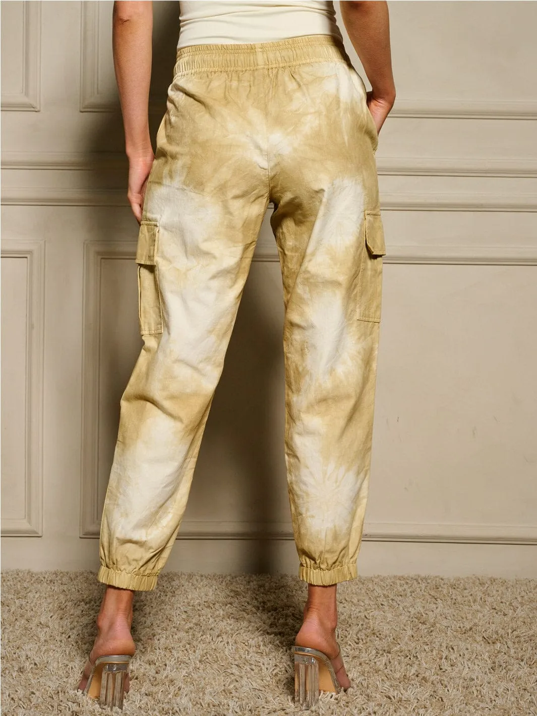 WOMEN'S ELASTIC WAIST CARGO POCKETS TIE DYE JOGGER PANTS