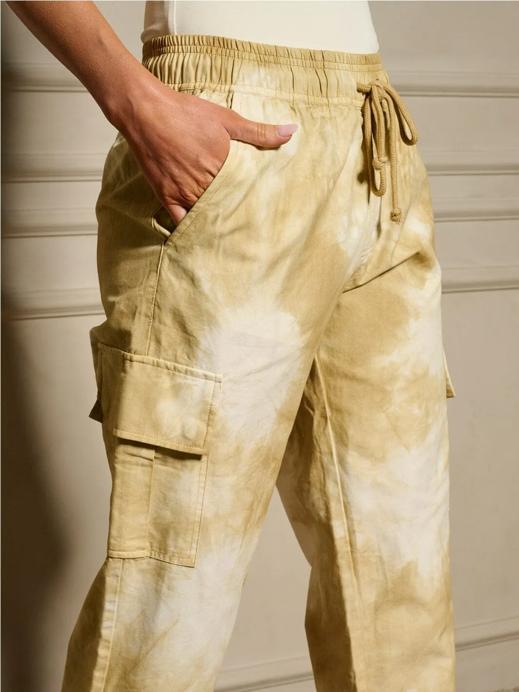 WOMEN'S ELASTIC WAIST CARGO POCKETS TIE DYE JOGGER PANTS