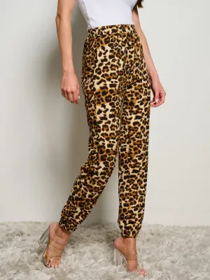 WOMEN'S ELASTIC WAIST POCKETS ANIMAL PRINT SKINNY PANTS