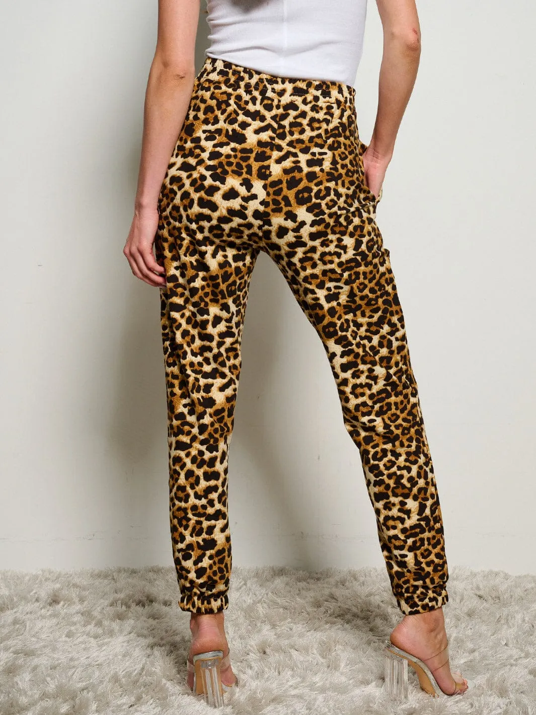 WOMEN'S ELASTIC WAIST POCKETS ANIMAL PRINT SKINNY PANTS