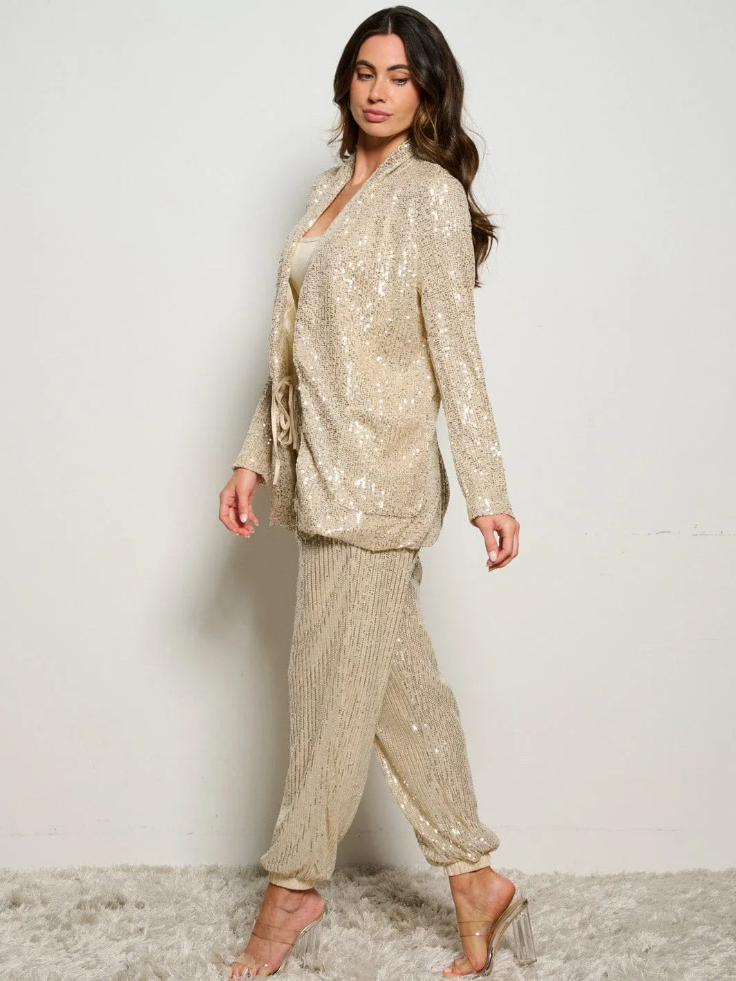 WOMEN'S ELASTIC WAIST POCKETS SELF TIE SEQUINS JOGGER PANTS