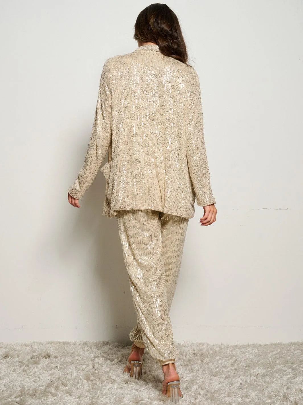 WOMEN'S ELASTIC WAIST POCKETS SELF TIE SEQUINS JOGGER PANTS