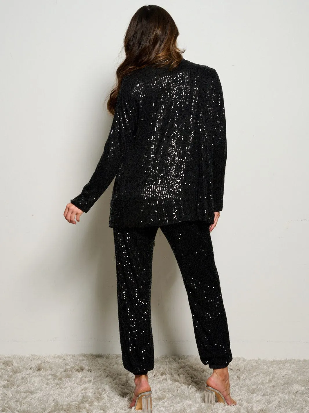 WOMEN'S ELASTIC WAIST POCKETS SELF TIE SEQUINS JOGGER PANTS