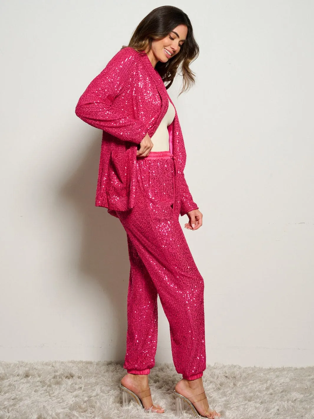 WOMEN'S ELASTIC WAIST POCKETS SELF TIE SEQUINS JOGGER PANTS