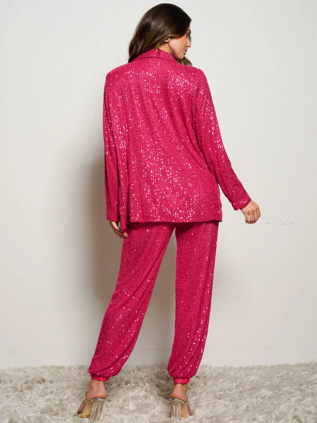 WOMEN'S ELASTIC WAIST POCKETS SELF TIE SEQUINS JOGGER PANTS
