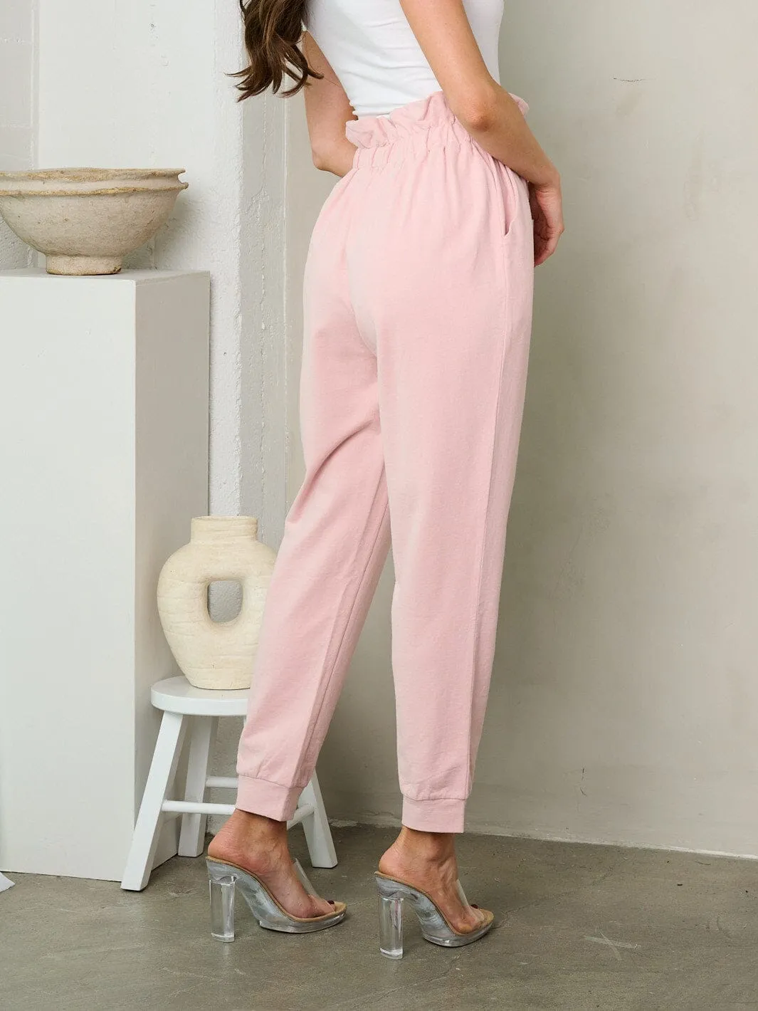 WOMEN'S ELASTIC WAIST SELF TIE POCKETS JOGGER PANTS