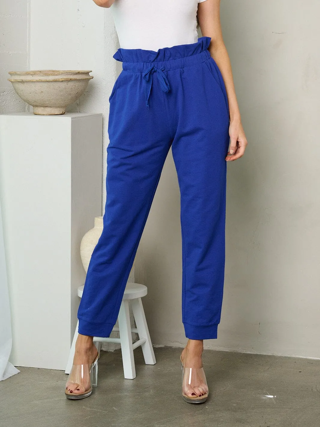 WOMEN'S ELASTIC WAIST SELF TIE POCKETS JOGGER PANTS