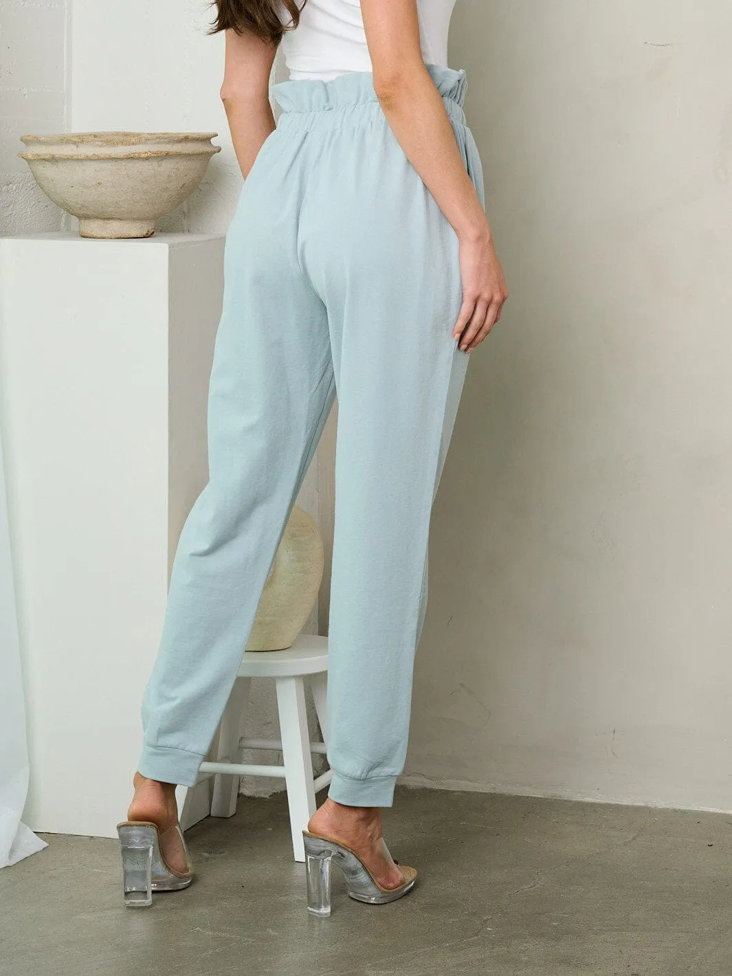 WOMEN'S ELASTIC WAIST SELF TIE POCKETS JOGGER PANTS