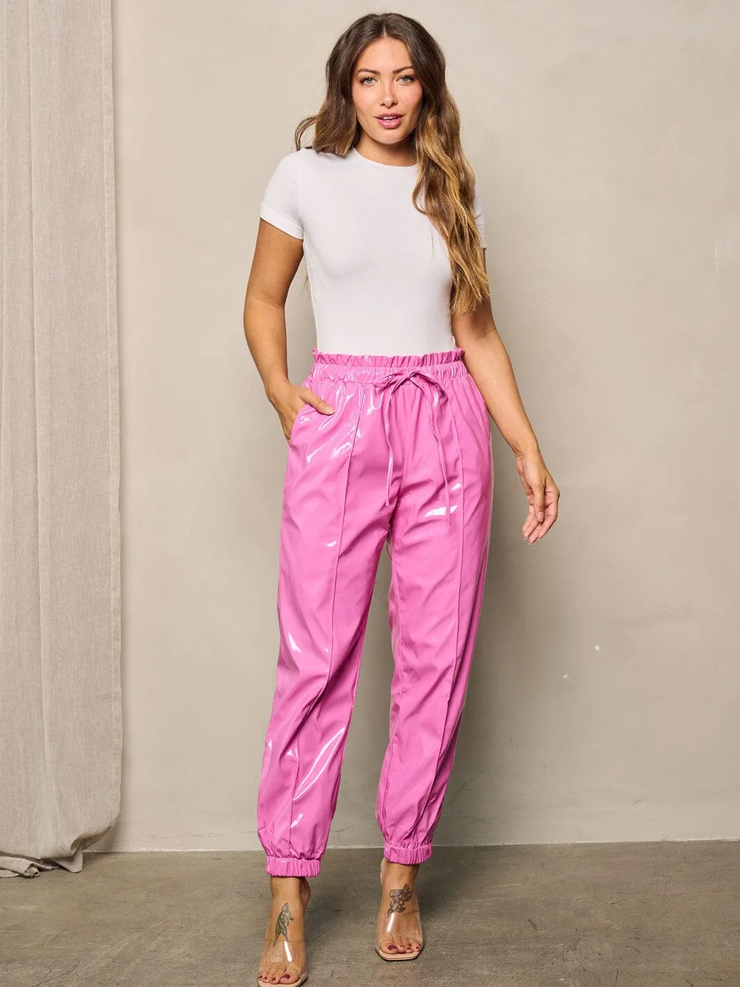 WOMEN'S ELASTIC WAIST SELF TIE POCKETS PU PLEATHER PANTS