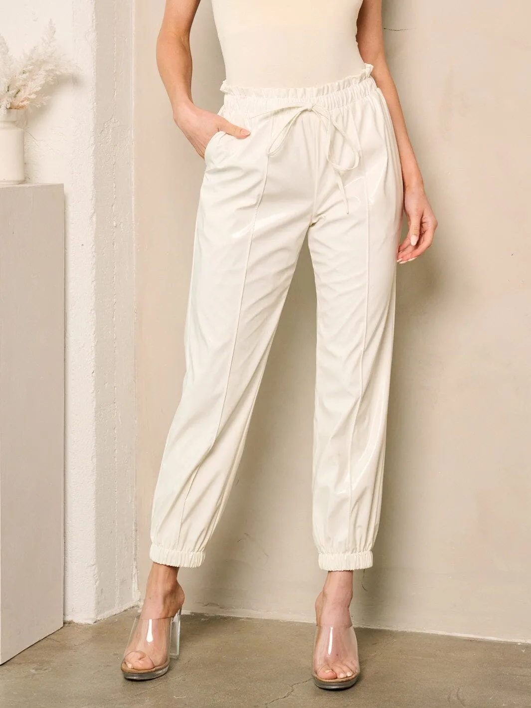 WOMEN'S ELASTIC WAIST SELF TIE POCKETS PU PLEATHER PANTS