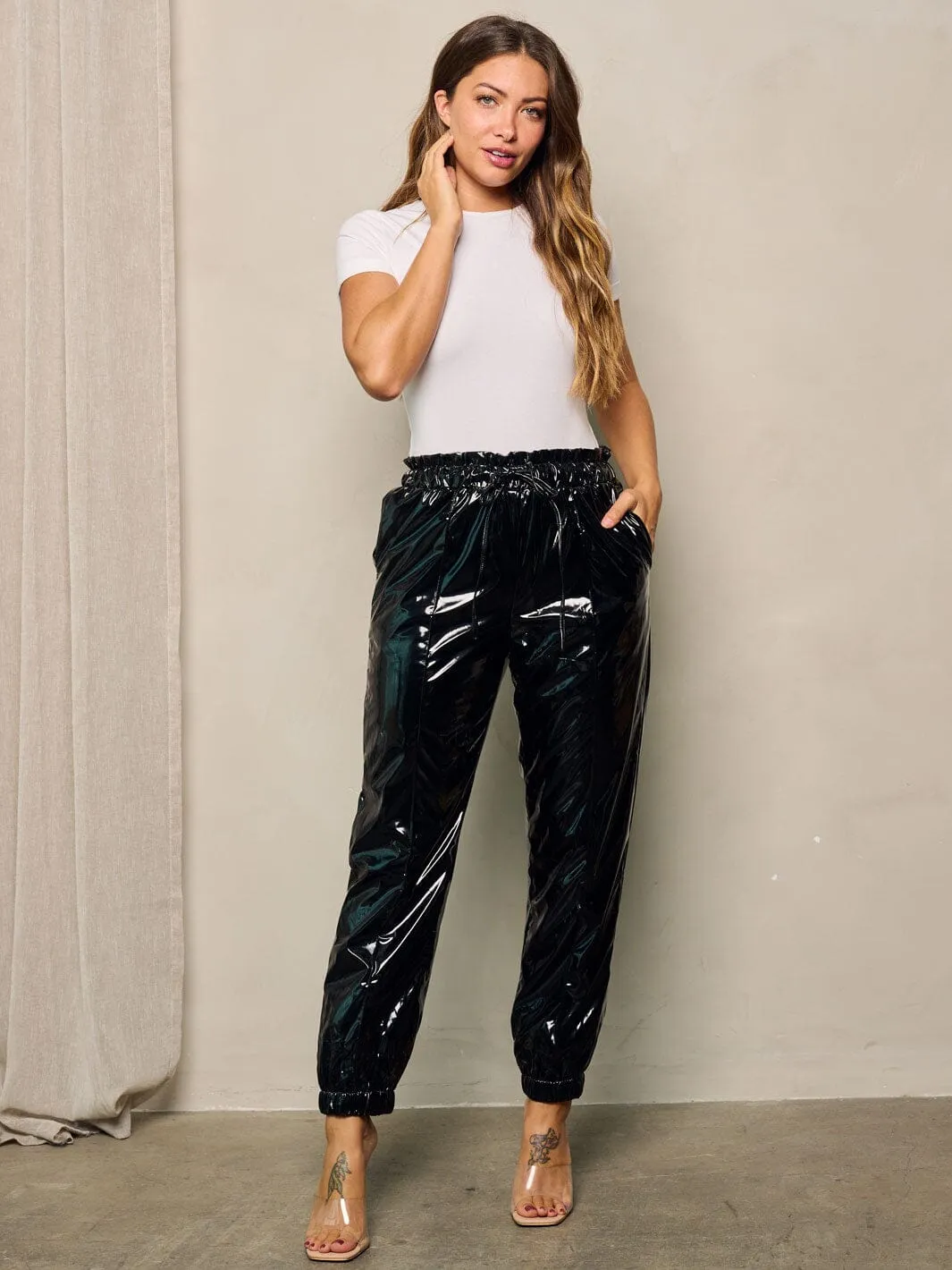 WOMEN'S ELASTIC WAIST SELF TIE POCKETS PU PLEATHER PANTS