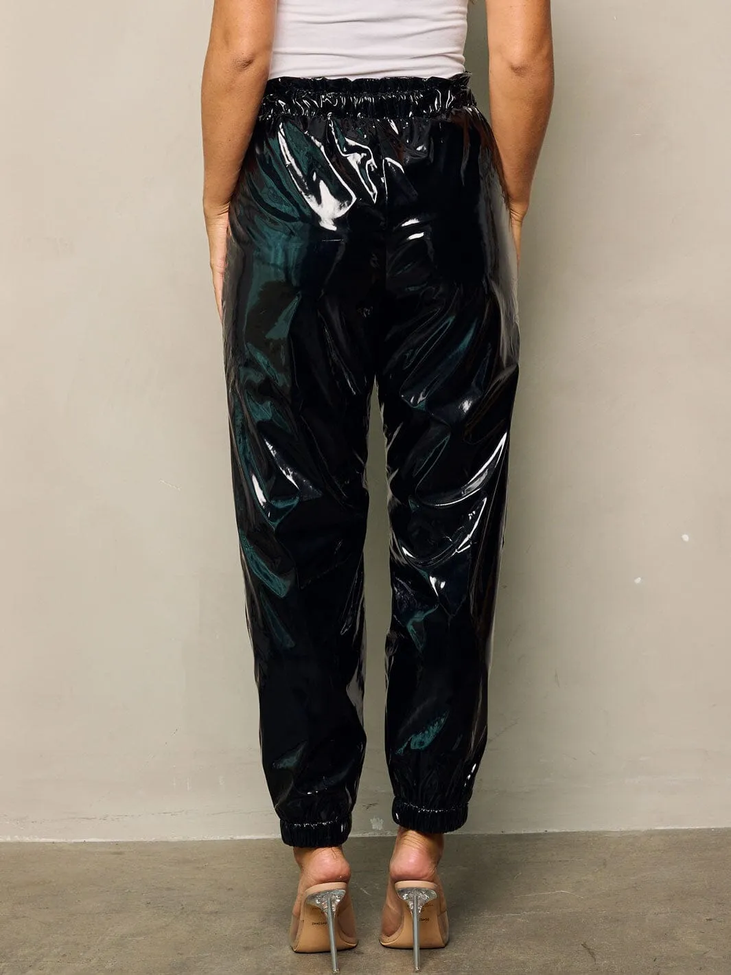 WOMEN'S ELASTIC WAIST SELF TIE POCKETS PU PLEATHER PANTS