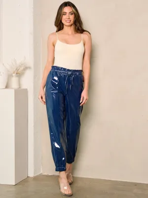 WOMEN'S ELASTIC WAIST SELF TIE POCKETS PU PLEATHER PANTS