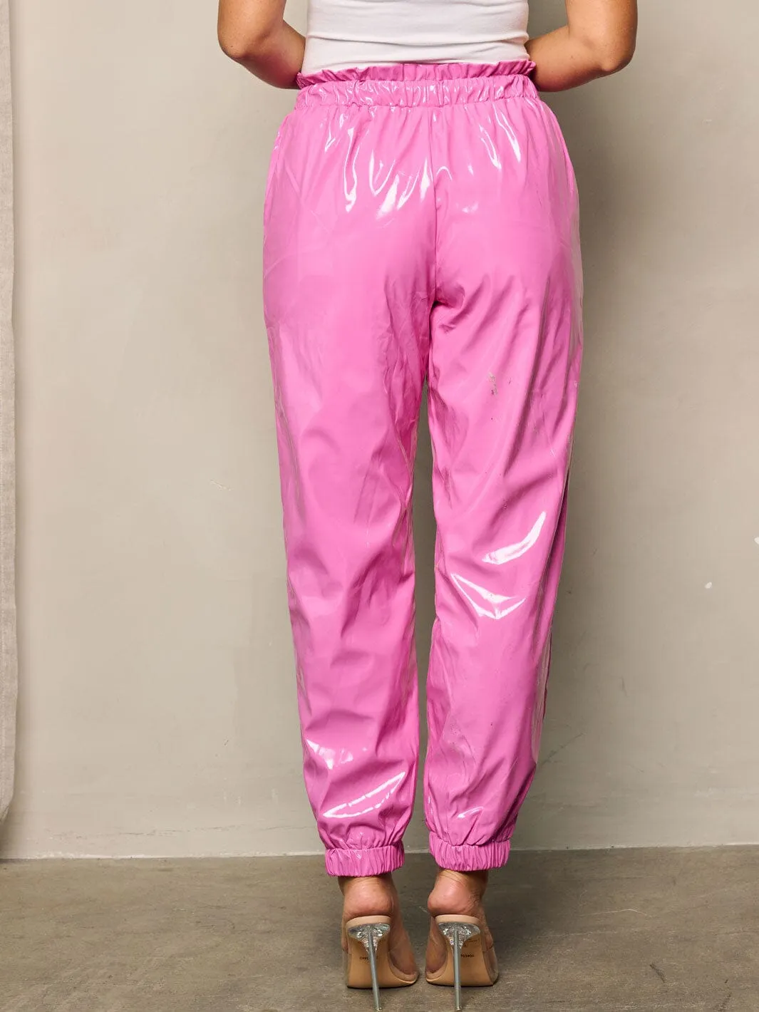 WOMEN'S ELASTIC WAIST SELF TIE POCKETS PU PLEATHER PANTS