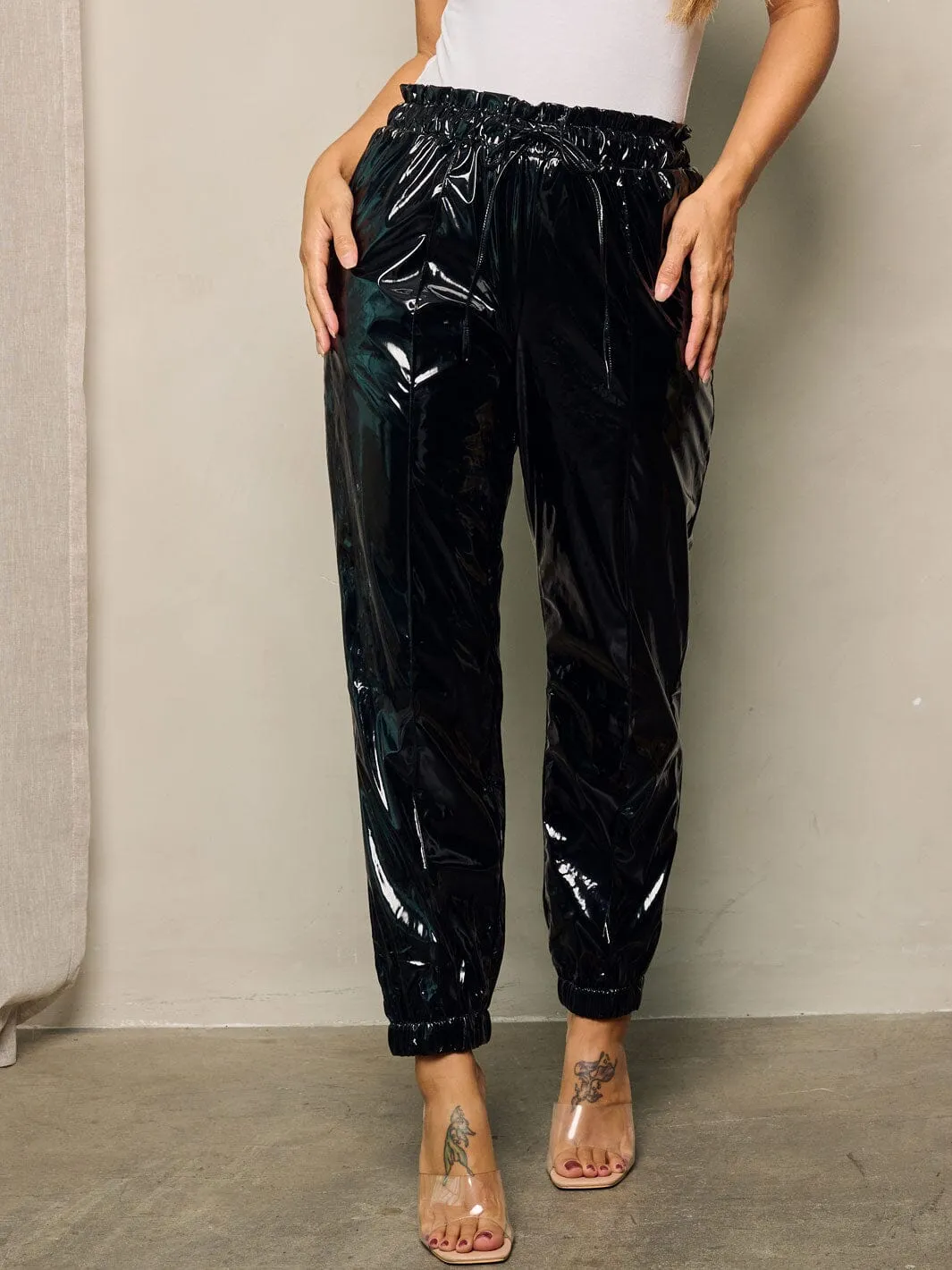 WOMEN'S ELASTIC WAIST SELF TIE POCKETS PU PLEATHER PANTS