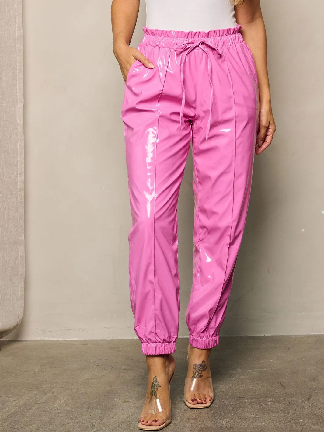 WOMEN'S ELASTIC WAIST SELF TIE POCKETS PU PLEATHER PANTS