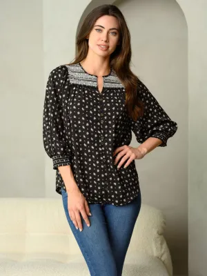 WOMEN'S LEAF PRINT 3/4 SLEEVE WITH NOVELTY SMOCKED YOKE TOP
