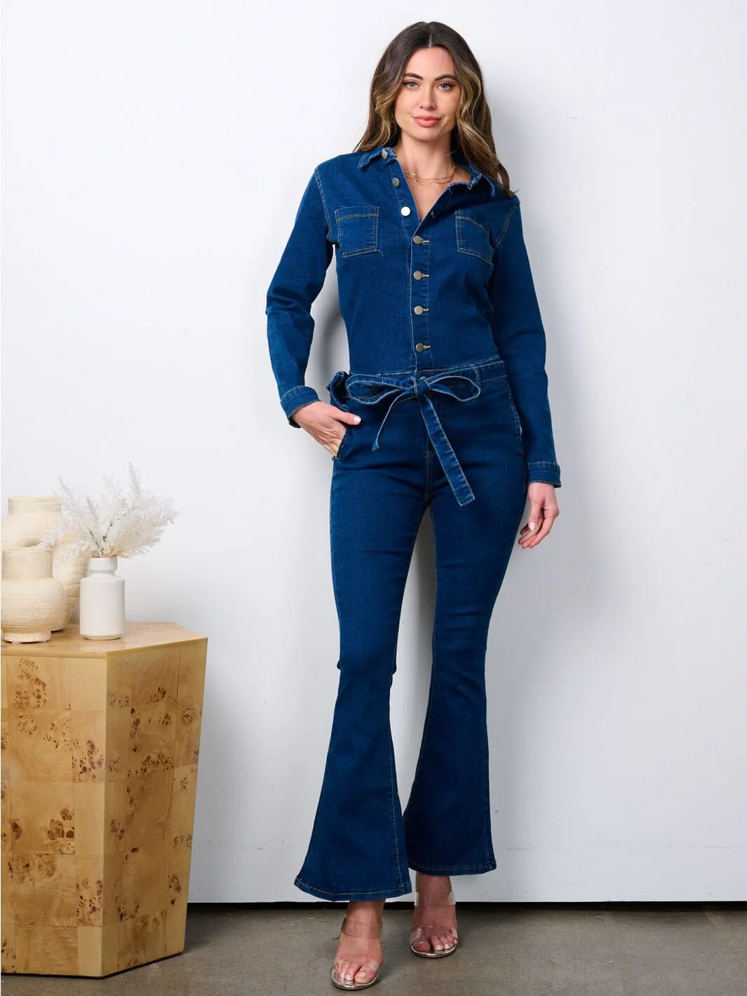 WOMEN'S LONG SLEEVE BUTTON UP BELL LEG DENIM JUMPSUIT