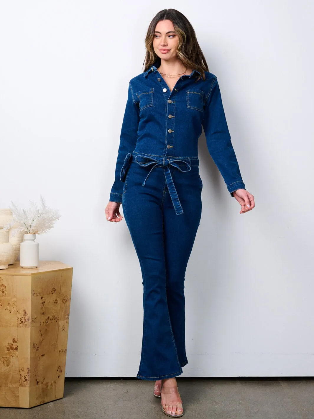 WOMEN'S LONG SLEEVE BUTTON UP BELL LEG DENIM JUMPSUIT