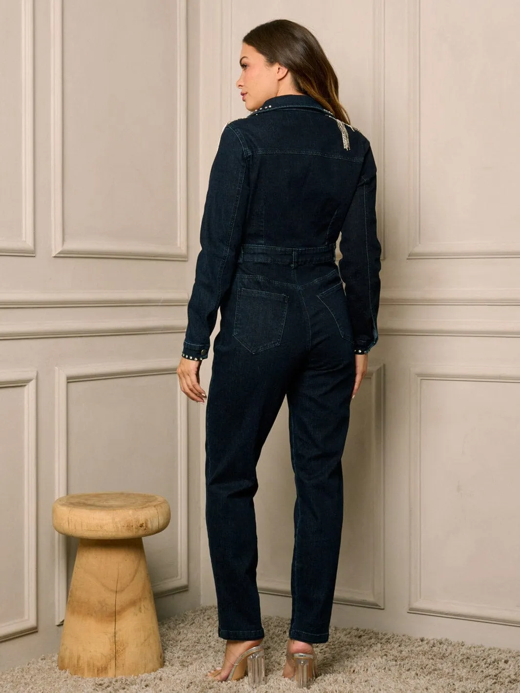 WOMEN'S LONG SLEEVE BUTTON UP DENIM STUDS DETAILED JUMPSUIT