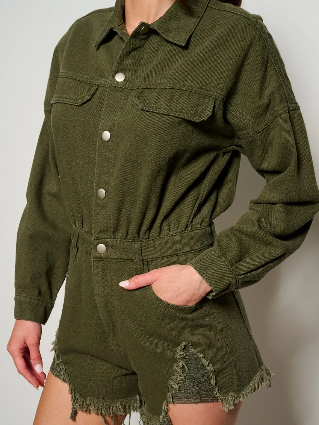 WOMEN'S LONG SLEEVE BUTTON UP POCKETS DISTRESS DENIM ROMPER