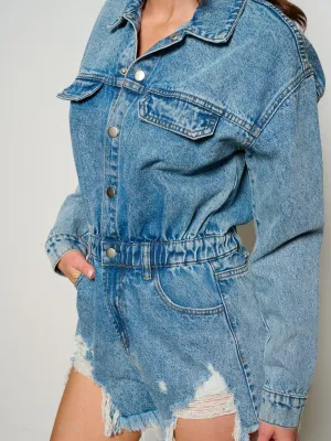 WOMEN'S LONG SLEEVE BUTTON UP POCKETS DISTRESS DENIM ROMPER