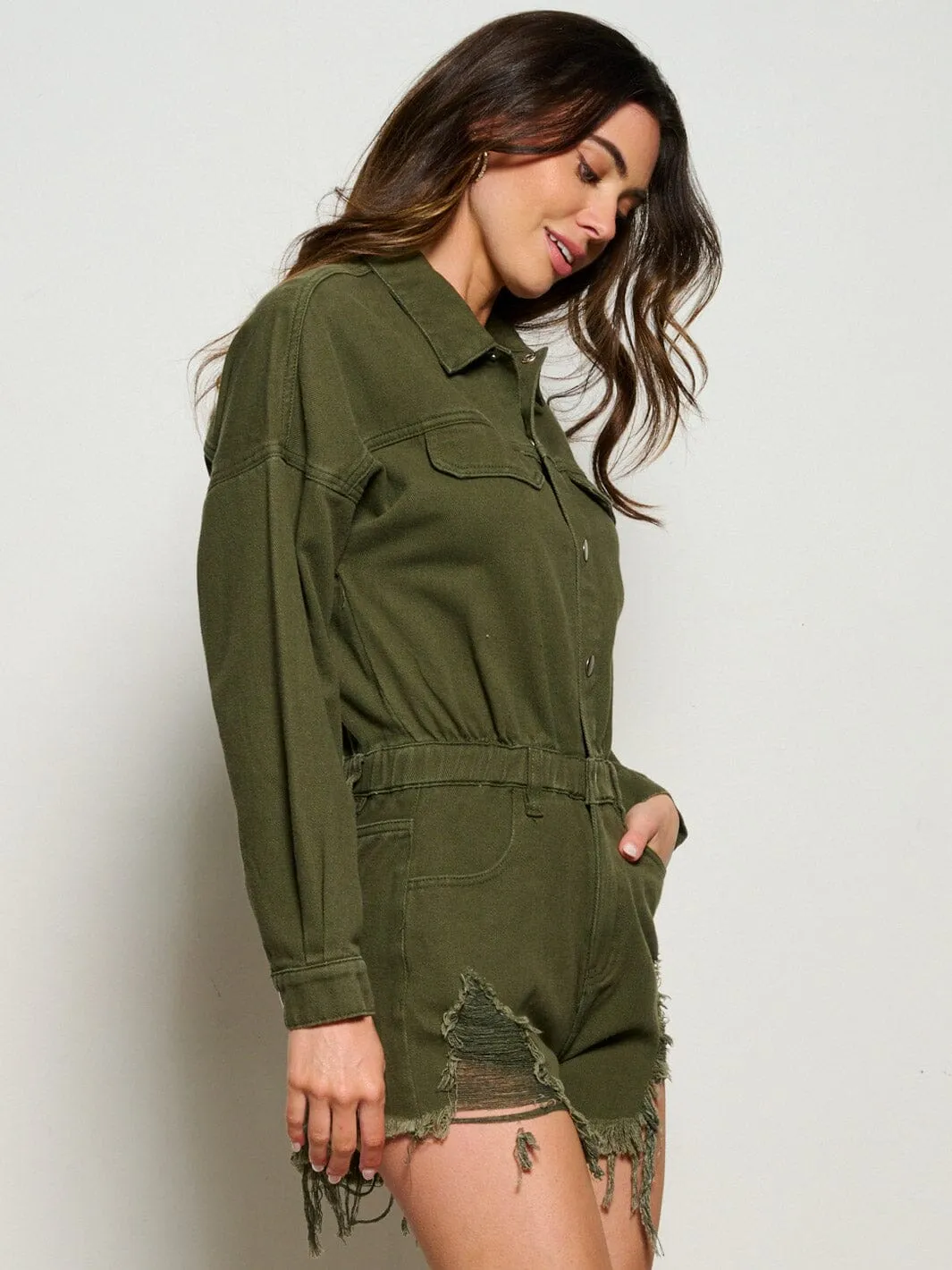 WOMEN'S LONG SLEEVE BUTTON UP POCKETS DISTRESS DENIM ROMPER