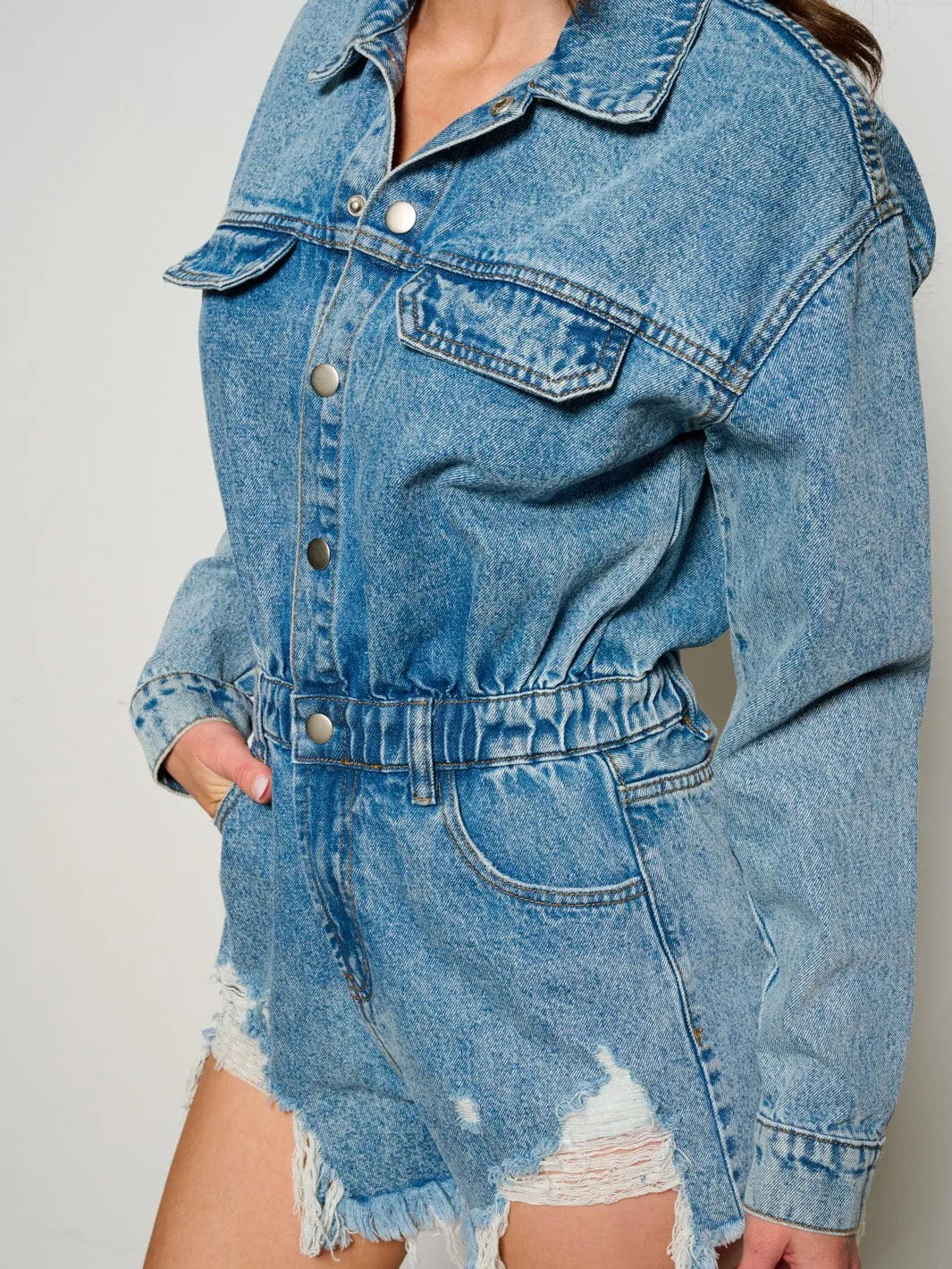 WOMEN'S LONG SLEEVE BUTTON UP POCKETS DISTRESS DENIM ROMPER