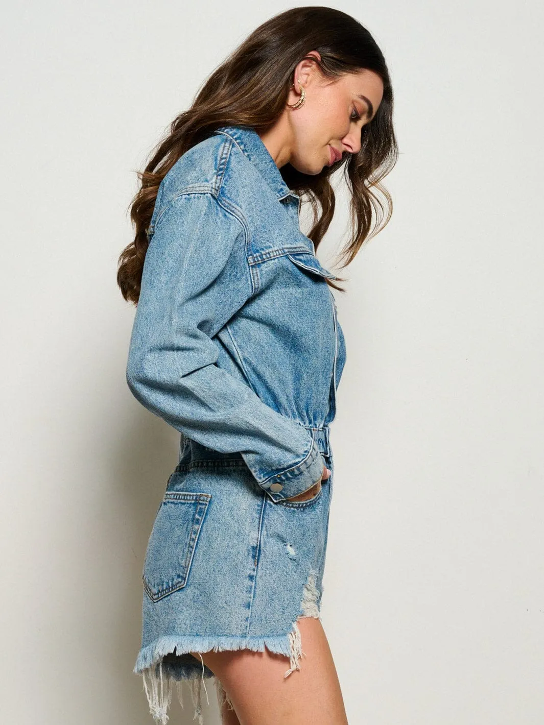 WOMEN'S LONG SLEEVE BUTTON UP POCKETS DISTRESS DENIM ROMPER
