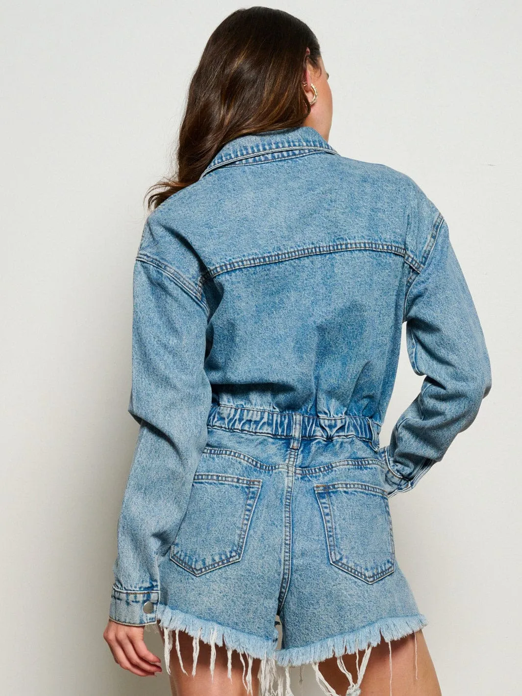 WOMEN'S LONG SLEEVE BUTTON UP POCKETS DISTRESS DENIM ROMPER