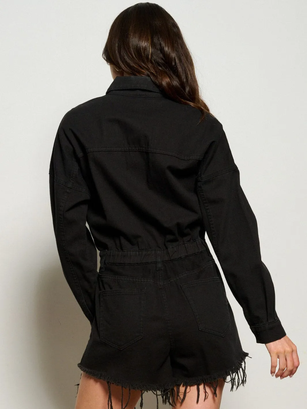 WOMEN'S LONG SLEEVE BUTTON UP POCKETS DISTRESS DENIM ROMPER