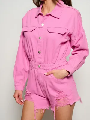 WOMEN'S LONG SLEEVE BUTTON UP POCKETS DISTRESS DENIM ROMPER