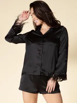 WOMEN'S LONG SLEEVE BUTTON UP TOP & SHORTS FEATHER DETAILED 2PC. SET
