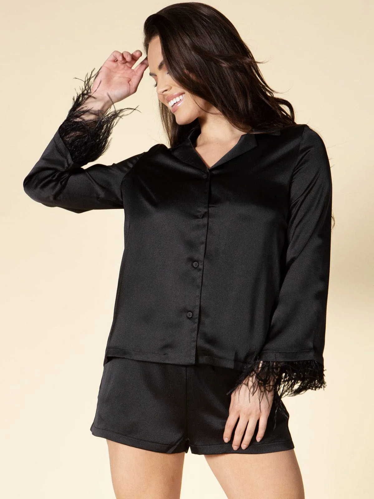 WOMEN'S LONG SLEEVE BUTTON UP TOP & SHORTS FEATHER DETAILED 2PC. SET