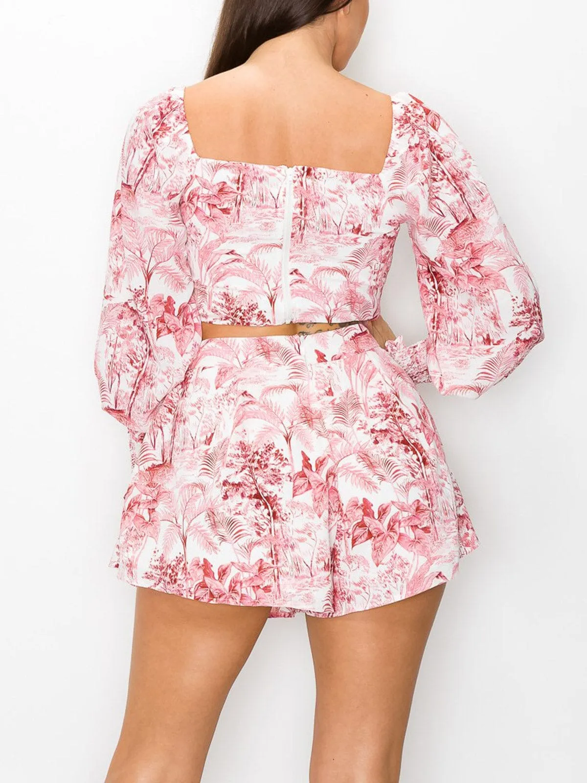 WOMEN'S LONG SLEEVE CROP TOP & RUFFLE SHORTS FLORAL SET