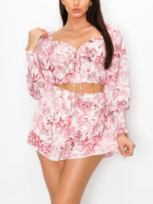 WOMEN'S LONG SLEEVE CROP TOP & RUFFLE SHORTS FLORAL SET