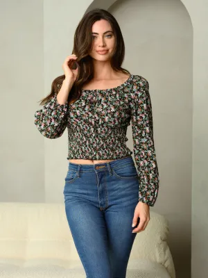 WOMEN'S LONG SLEEVE DITSY FLORAL PRINT SMOCK WAIST BLOUSE TOP