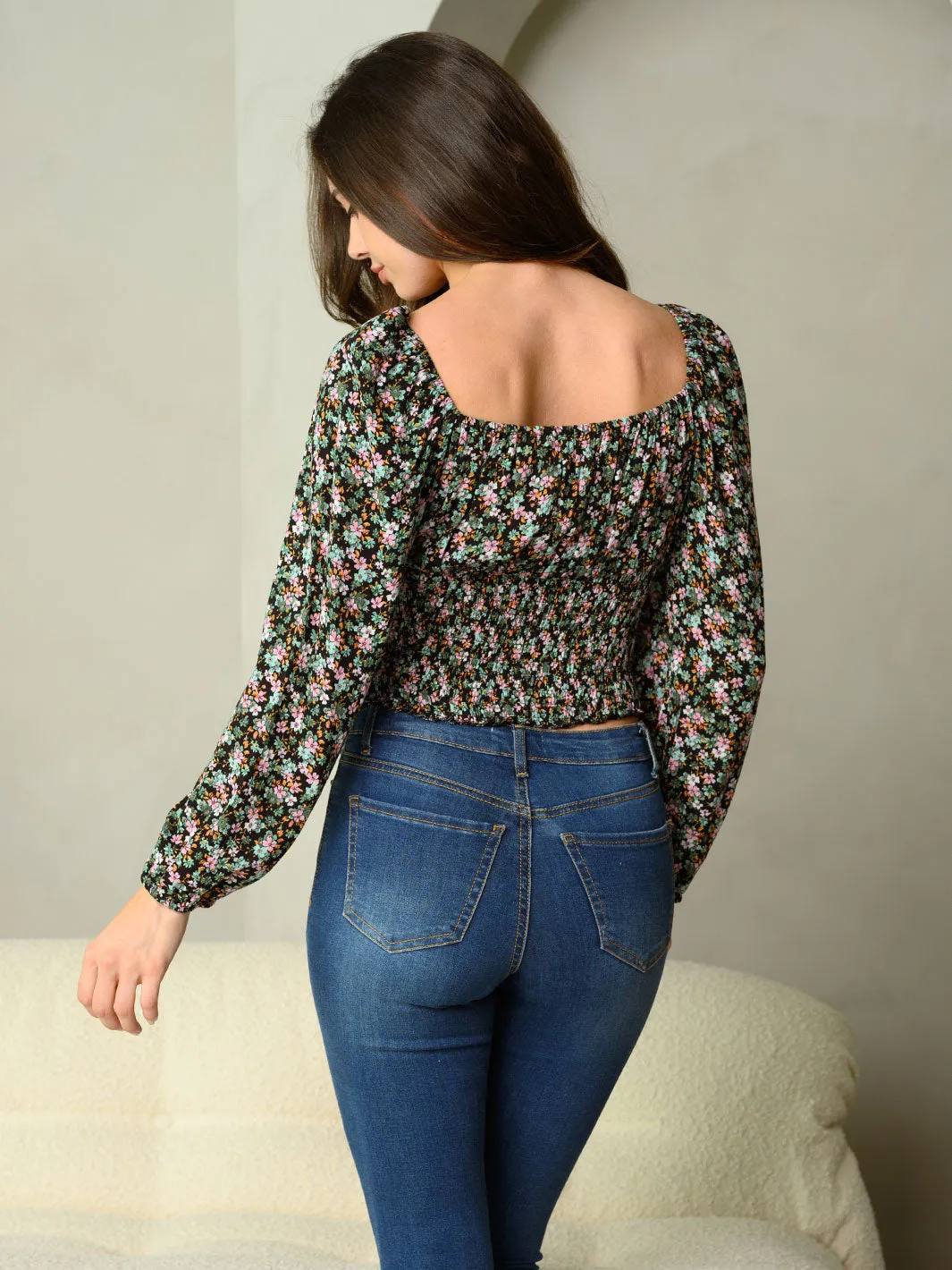 WOMEN'S LONG SLEEVE DITSY FLORAL PRINT SMOCK WAIST BLOUSE TOP